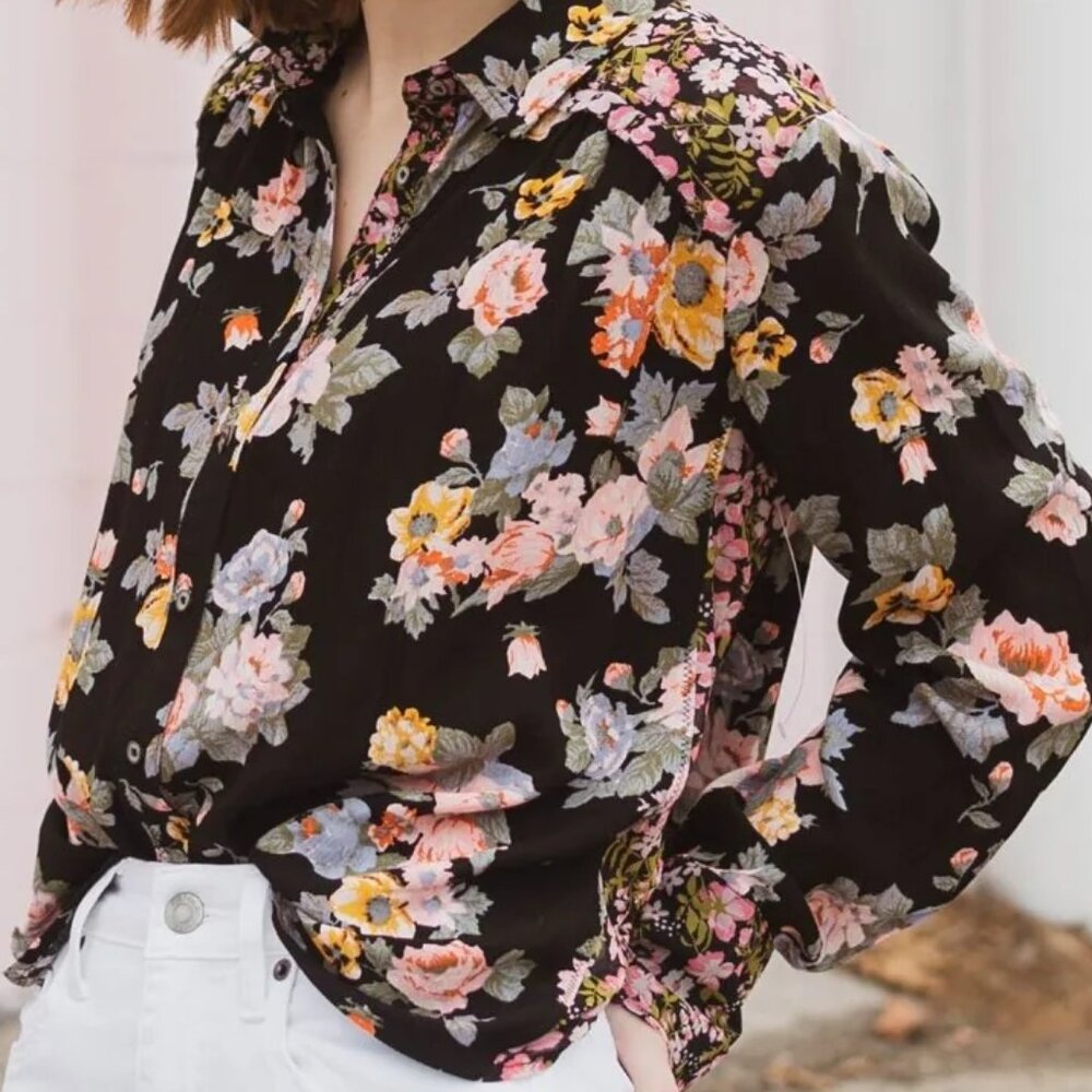Free People Floral Blouse - Black with Multicolor Flowers